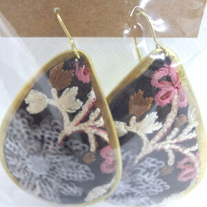 Embroidered Flower Teardrop Earring Gold Tone Fishhook Ear Wires